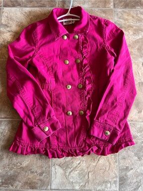 Vintage Juicy Couture Y2K Hot Pink Ruffle Double Breasted Jacket Coat Girls 12